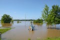 Flooded Dutch polder area next to a dike overgrown with grass. Flood in Limburg in July 2021 Royalty Free Stock Photo