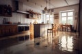 Flooded floor in kitchen from water leak. Damage. Property insurance. Generative AI Royalty Free Stock Photo