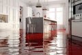 Flooded floor in kitchen from water leak. Damage. Property insurance. Generative AI Royalty Free Stock Photo