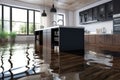 Flooded floor in kitchen from water leak. Damage. Property insurance. Generative AI Royalty Free Stock Photo