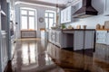 Flooded floor in kitchen from water leak. Damage. Property insurance. Generative AI Royalty Free Stock Photo