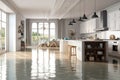 Flooded floor in kitchen from water leak. Damage. Property insurance. Generative AI Royalty Free Stock Photo