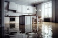 Flooded floor in kitchen from water leak. Damage. Property insurance. Generative AI Royalty Free Stock Photo