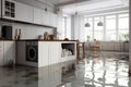 Flooded floor in kitchen from water leak. Damage. Property insurance. Generative AI Royalty Free Stock Photo