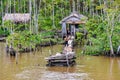 Flooded house and a family on the Amazon River, Brazil Royalty Free Stock Photo