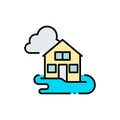 Flooded house filled color icon. linear style sign for mobile concept and web design. Flooding disaster filled color vector icon.