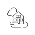 Flooded house line icon. linear style sign for mobile concept and web design. Flooding disaster outline vector icon. Symbol, logo