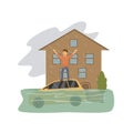 Flooded house, man asking for help standing on the roof of a sinking car, natural disaster concept