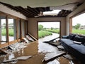 a flooded house with a pile of furniture in the middle of the room