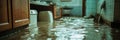 Flooded kitchen interior with water covering the floor in a modern home Royalty Free Stock Photo