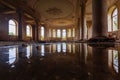 Flooded large hall with columns in old abandoned mansion, water reflection