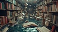 Flooded library with books floating in water Royalty Free Stock Photo