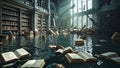Flooded library with floating books Royalty Free Stock Photo