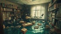 Flooded library room with books floating in water Royalty Free Stock Photo