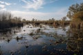 flooded marshes, with schools of fish and turtles swimming among the reeds