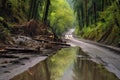 flooded mountain road after mudslide