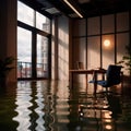 Flooded office room, with water damage and insurance problems