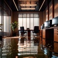 Flooded office room, with water damage and insurance problems