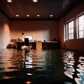 Flooded office room, with water damage and insurance problems