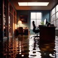 Flooded office room, with water damage and insurance problems