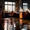 Flooded office room, with water damage and insurance problems