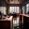 Flooded office room, with water damage and insurance problems