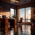 Flooded office room, with water damage and insurance problems