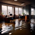 Flooded office room, with water damage and insurance problems