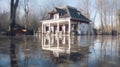 Flooded pavilion house in middle of water created using generative AI Royalty Free Stock Photo