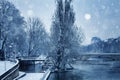 Flooded river embarkment in Paris after snowfall Royalty Free Stock Photo