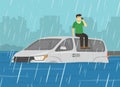 Flooded road and rainy weather conditions. A frightened male character climbed and sits on car roof. Young driver calls emergency.