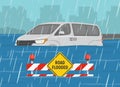 Flooded road and rainy weather conditions. Partially submerged car and warning sign with barrier on a flooded road. Royalty Free Stock Photo