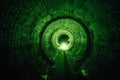 Flooded round underground drainage sewer tunnel with dirty sewage water green illuminated