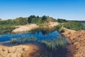 Flooded sand quarry near Sychevo. Lush green summer landscape for outdoors vacation, hiking, camping or tourism. Volokolamsk