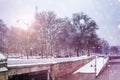 Flooded Sein river bank in Paris after heavy snow Royalty Free Stock Photo