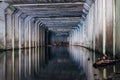 Flooded sewer tunnel is reflecting in water. Dirty urban sewage flowing throw rectangular sewer tunnel Royalty Free Stock Photo