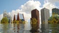 Flooded skyline of The Hague, Netherlands digital manipulation concept