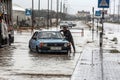 A flooded street during a rainy day in the town of Deir Al-Balah in the central Gaza Strip