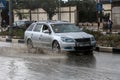 A flooded street during a rainy day in the town of Deir Al-Balah in the central Gaza Strip