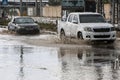A flooded street during a rainy day in the town of Deir Al-Balah in the central Gaza Strip