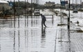 A flooded street during a rainy day in the town of Deir Al-Balah in the central Gaza Strip