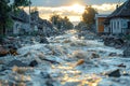 A flooded street with a river and houses in the background, under a cloudy sky Royalty Free Stock Photo