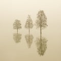 Flooded three lonely trees in a fog at sunrise. smooth water.