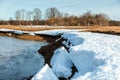 Flooded trees and frozen water in the floodplain of the river at the thaws. Royalty Free Stock Photo