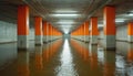 Flooded underground parking garage with high water level. Water damage causes serious problems in building. Orange pillars Royalty Free Stock Photo