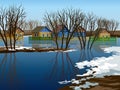 Flooded village. Spring rising river levels in village vector illustration. High water in Russian village. Flooded