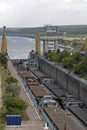 Barges in floodgates on Danube Royalty Free Stock Photo