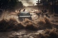 Flooding in the city with floating cars Royalty Free Stock Photo