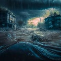 Flooding, deluge in a small town. Gloomy urban landscape. Generative AI