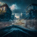 Flooding, deluge in a small town. Gloomy urban landscape. Generative AI